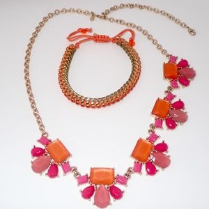 Coral & Pink Statement Necklace & Bracelet Matching Set Signed Gold Tone Setting